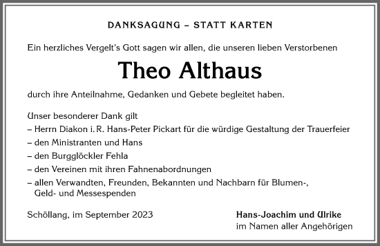 Traueranzeige von Theo Althaus von Allgäuer Anzeigeblatt
