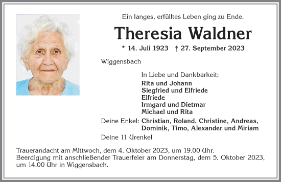 Traueranzeige von Theresia Waldner von Allgäuer Zeitung,Kempten