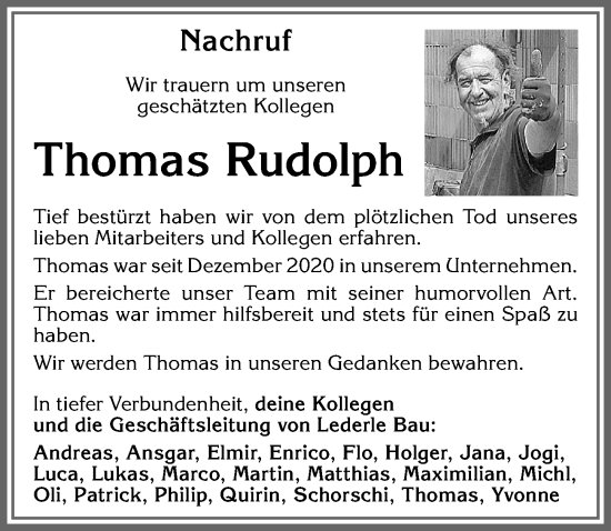 Traueranzeige von Thomas Rudolph von Allgäuer Zeitung,Kempten