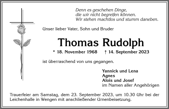 Traueranzeige von Thomas Rudolph von Allgäuer Zeitung,Kempten