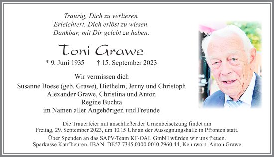Traueranzeige von Toni Grawe von Allgäuer Zeitung, Füssen