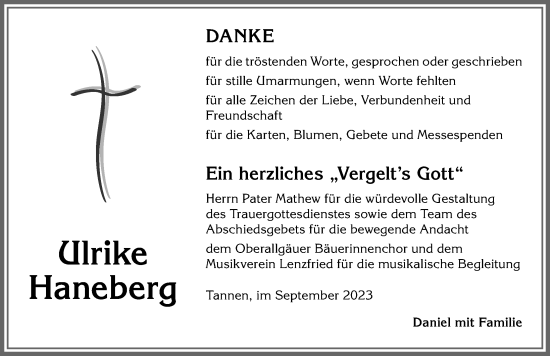 Traueranzeige von Ulrike Haneberg von Allgäuer Zeitung,Kempten