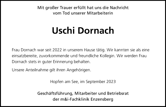Traueranzeige von Uschi Dornach von Allgäuer Zeitung, Füssen