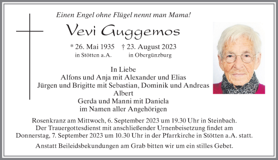 Traueranzeige von Vevi Guggemos von Allgäuer Zeitung, Marktoberdorf