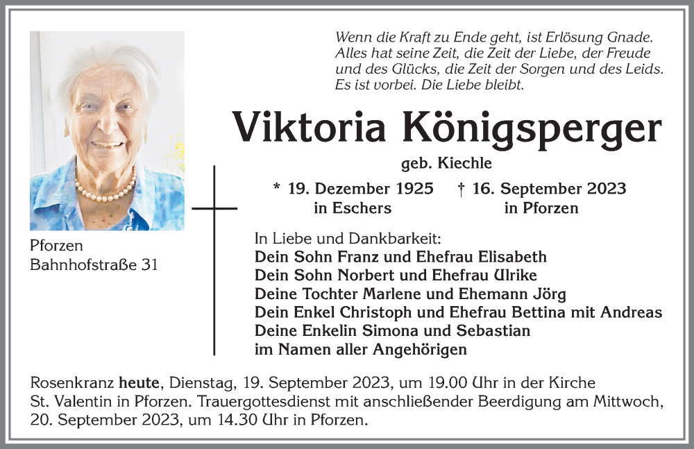  Traueranzeige für Viktoria Königsperger vom 19.09.2023 aus Allgäuer Zeitung, Kaufbeuren/Buchloe