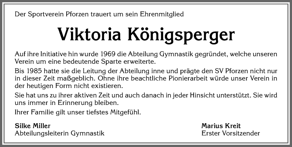  Traueranzeige für Viktoria Königsperger vom 20.09.2023 aus Allgäuer Zeitung, Kaufbeuren/Buchloe
