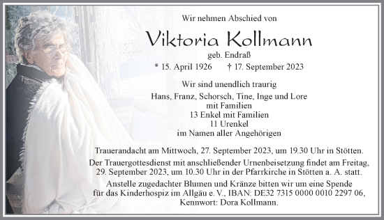 Traueranzeige von Viktoria Kollmann von Allgäuer Zeitung, Marktoberdorf