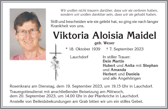 Traueranzeige von Viktoria Aloisia Maidel von Augsburger Allgemeine, Mindelheimer Zeitung