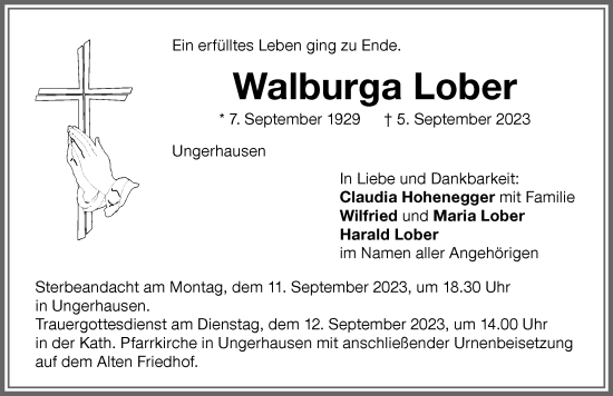 Traueranzeige von Walburga Lober von Memminger Zeitung