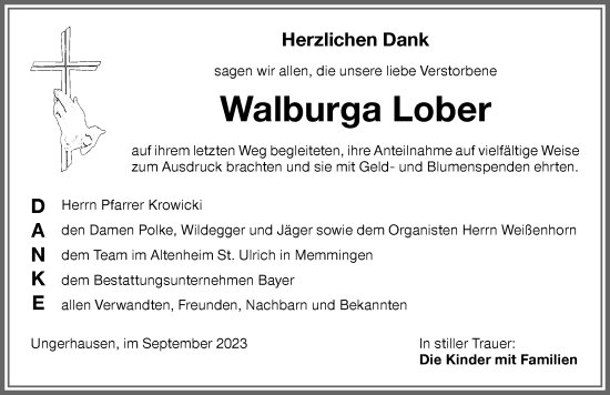 Traueranzeige von Walburga Lober von Memminger Zeitung