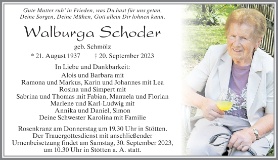 Traueranzeige von Walburga Schoder von Allgäuer Zeitung, Marktoberdorf