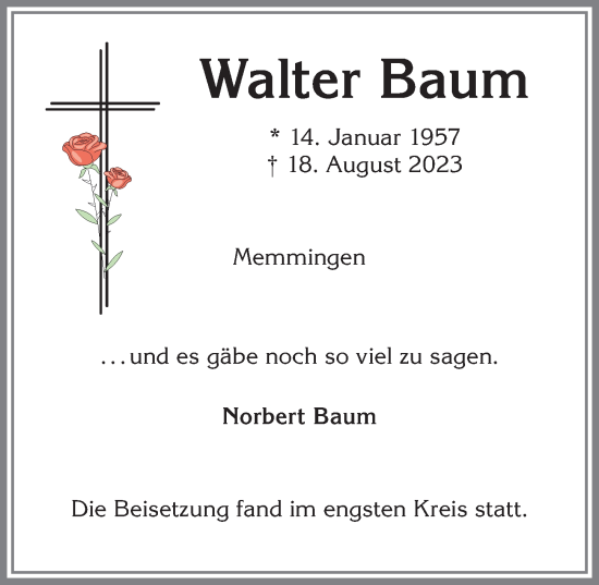 Traueranzeige von Walter Baum von Memminger Zeitung
