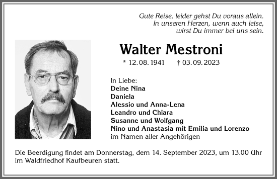 Traueranzeige von Walter Mestroni von Allgäuer Zeitung, Kaufbeuren/Buchloe