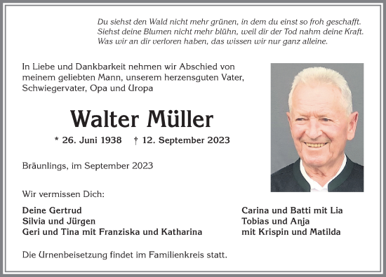 Traueranzeige von Walter Müller von Allgäuer Anzeigeblatt