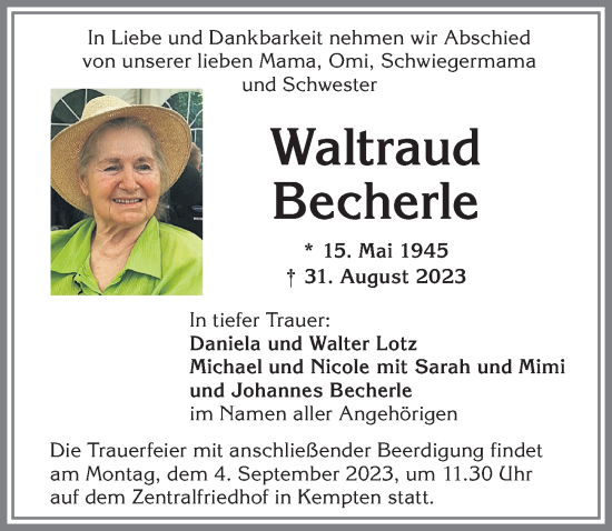 Traueranzeige von Waltraud Becherle von Allgäuer Zeitung,Kempten