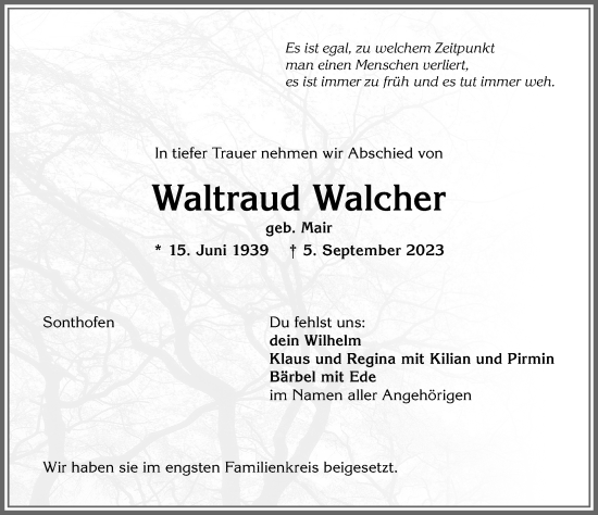 Traueranzeige von Waltraud Walcher von Allgäuer Anzeigeblatt