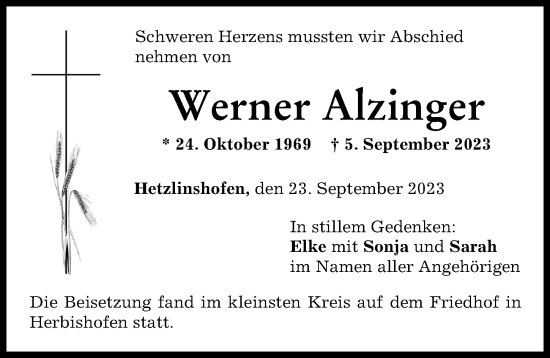 Traueranzeige von Werner Alzinger von Memminger Zeitung
