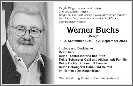 Traueranzeige von Werner Buchs von Allgäuer Zeitung,Kempten