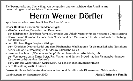 Traueranzeige von Werner Dörfler von Allgäuer Zeitung, Kaufbeuren/Buchloe