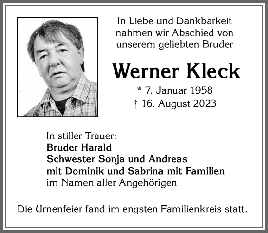 Traueranzeige von Werner Kleck von Allgäuer Zeitung,Kempten