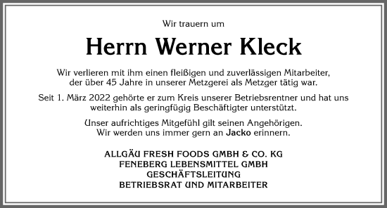 Traueranzeige von Werner Kleck von Allgäuer Zeitung,Kempten