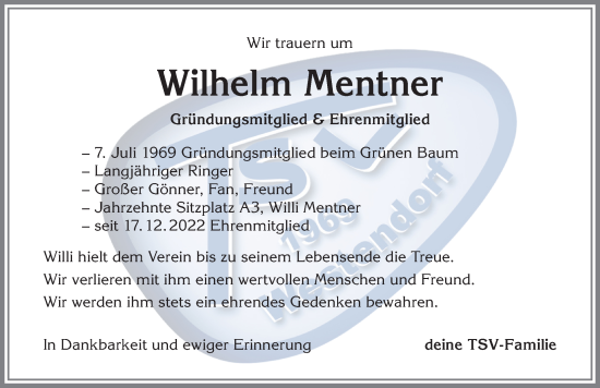 Traueranzeige von Wilhelm Mentner von Allgäuer Zeitung, Kaufbeuren/Buchloe