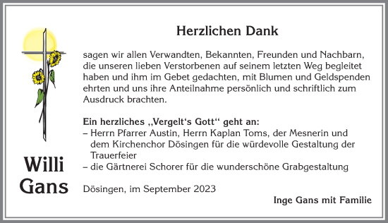 Traueranzeige von Willi Gans von Allgäuer Zeitung, Kaufbeuren/Buchloe