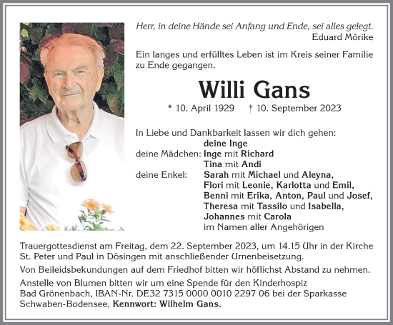 Traueranzeige von Willi Gans von Allgäuer Zeitung, Kaufbeuren/Buchloe