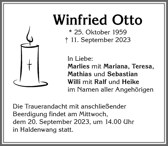 Traueranzeige von Winfried Otto von Allgäuer Zeitung,Kempten