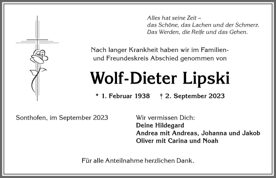 Traueranzeige von Wolf-Dieter Lipski von Allgäuer Anzeigeblatt