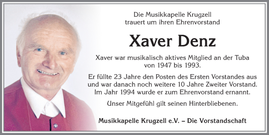 Traueranzeige von Xaver Denz von Allgäuer Zeitung,Kempten