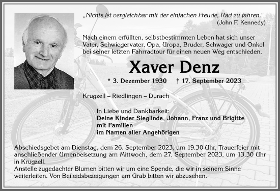Traueranzeige von Xaver Denz von Allgäuer Zeitung,Kempten