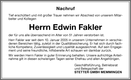 Traueranzeige von Edwin Fakler von Memminger Zeitung