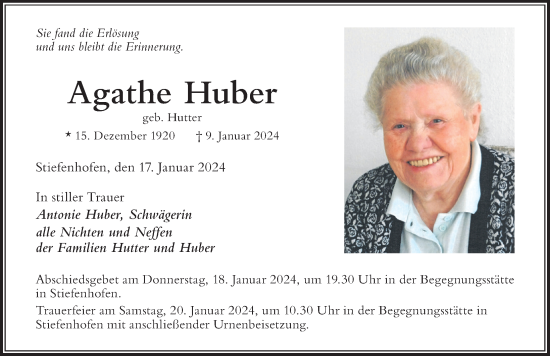 Traueranzeige von Agathe Huber von Der Westallgäuer