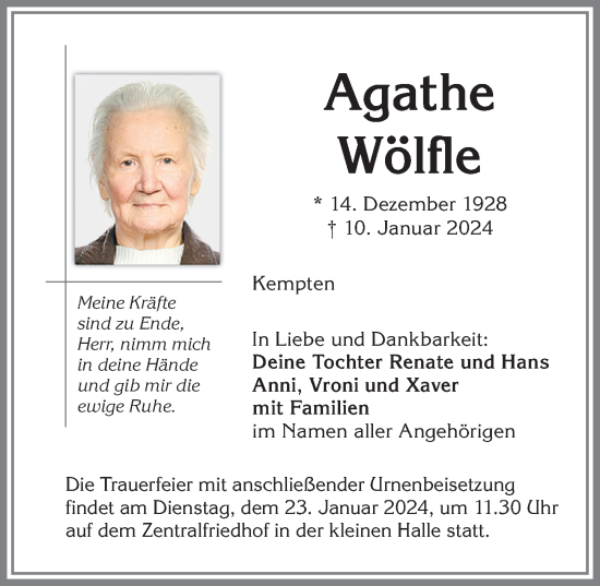 Traueranzeige von Agathe Wölfle von Allgäuer Zeitung,Kempten