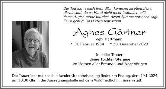 Traueranzeige von Agnes Gärtner von Allgäuer Zeitung, Füssen