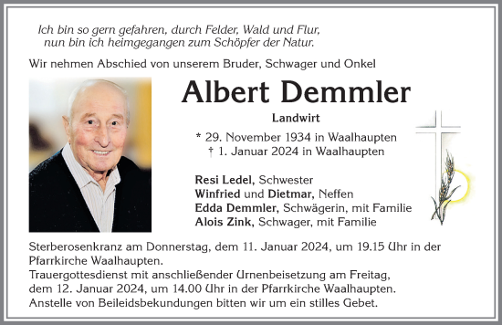 Traueranzeige von Albert Demmler von Allgäuer Zeitung, Kaufbeuren/Buchloe