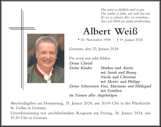 Traueranzeige von Albert Weiß von Der Westallgäuer