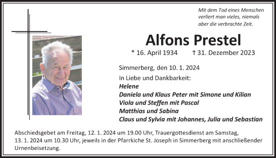 Traueranzeige von Alfons Prestel von Der Westallgäuer