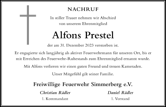 Traueranzeige von Alfons Prestel von Der Westallgäuer