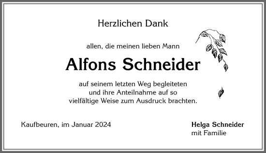 Traueranzeige von Alfons Schneider von Allgäuer Zeitung, Kaufbeuren/Buchloe
