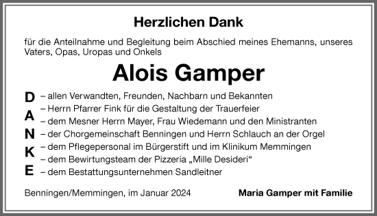 Traueranzeige von Alois Gamper von Memminger Zeitung