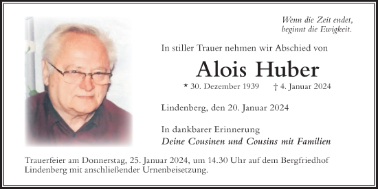Traueranzeige von Alois Huber von Der Westallgäuer