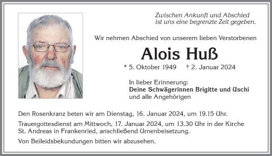 Traueranzeige von Alois Huß von Allgäuer Zeitung, Kaufbeuren/Buchloe
