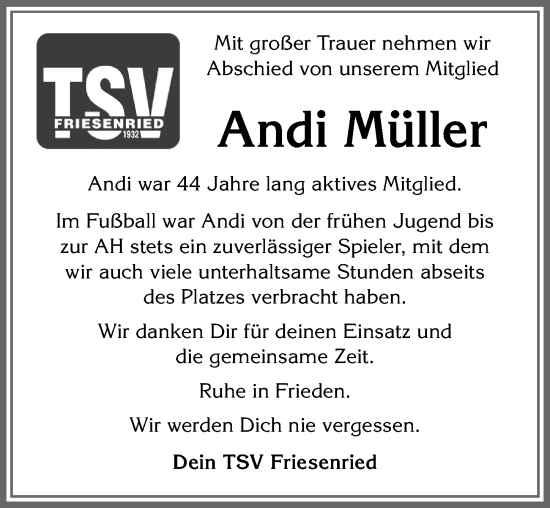 Traueranzeige von Andi Müller von Allgäuer Zeitung, Kaufbeuren/Buchloe