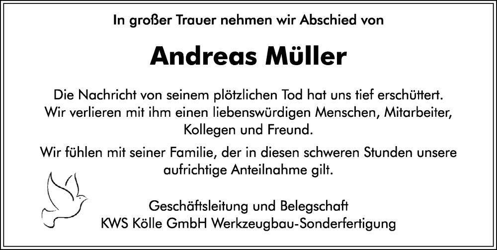  Traueranzeige für Andreas Müller vom 17.01.2024 aus Allgäuer Zeitung, Kaufbeuren/Buchloe