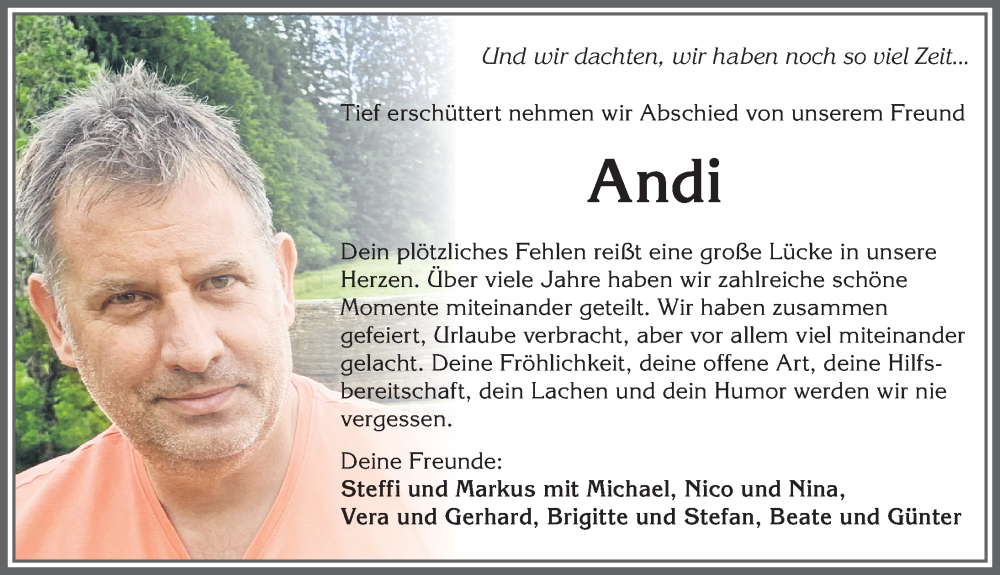  Traueranzeige für Andreas Müller vom 16.01.2024 aus Allgäuer Zeitung, Kaufbeuren/Buchloe