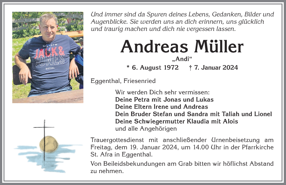  Traueranzeige für Andreas Müller vom 16.01.2024 aus Allgäuer Zeitung, Kaufbeuren/Buchloe