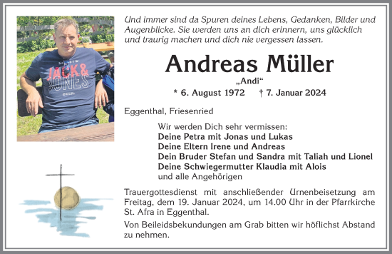 Traueranzeige von Andreas Müller von Allgäuer Zeitung, Kaufbeuren/Buchloe