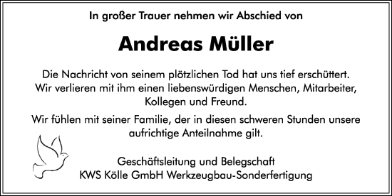 Traueranzeige von Andreas Müller von Allgäuer Zeitung, Kaufbeuren/Buchloe